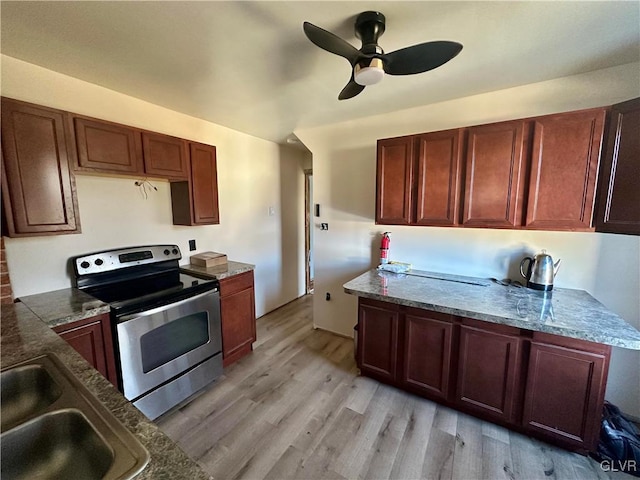 kitchen featuring sink, light wood-type flooring, ceiling fan, and stainless steel electric range oven