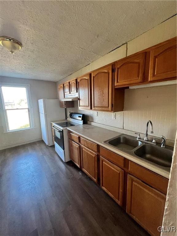 kitchen featuring a textured ceiling, dark hardwood / wood-style flooring, sink, and white appliances