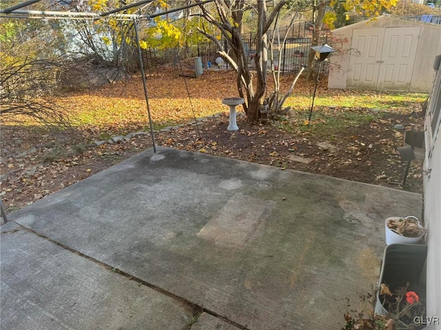 view of yard with a shed and a patio area