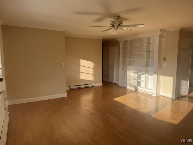 empty room with ceiling fan, hardwood / wood-style floors, a baseboard radiator, and ornamental molding