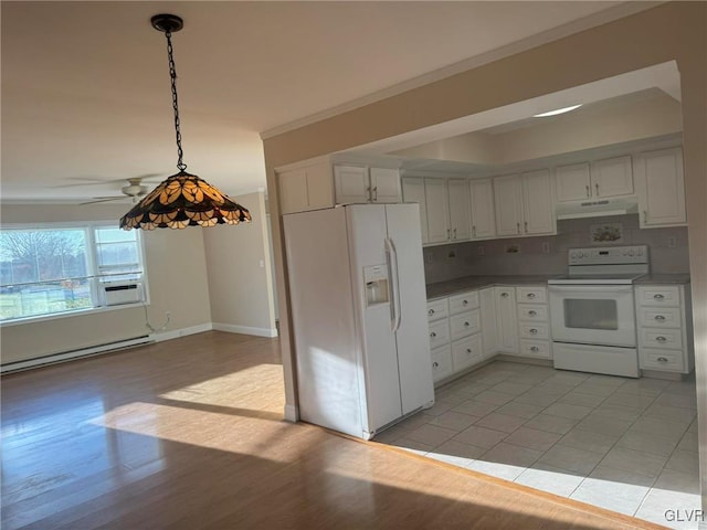 kitchen with decorative backsplash, white appliances, baseboard heating, decorative light fixtures, and white cabinets