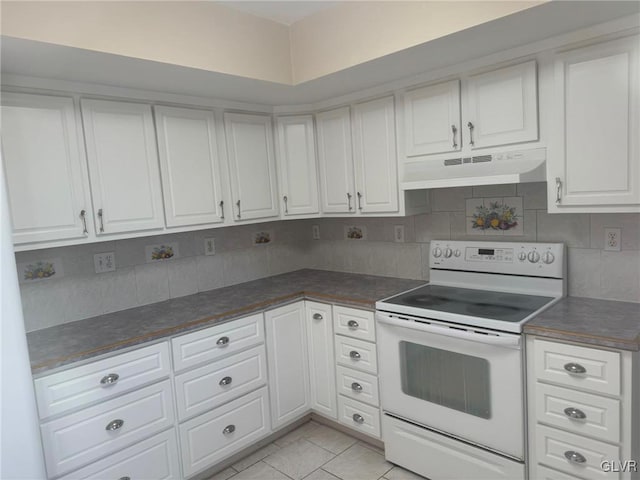 kitchen with backsplash, white cabinetry, and white electric stove