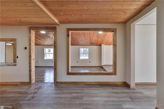 unfurnished living room featuring wooden ceiling and light wood-type flooring