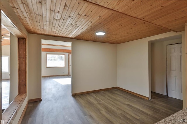 empty room featuring dark hardwood / wood-style flooring, a wealth of natural light, and wooden ceiling