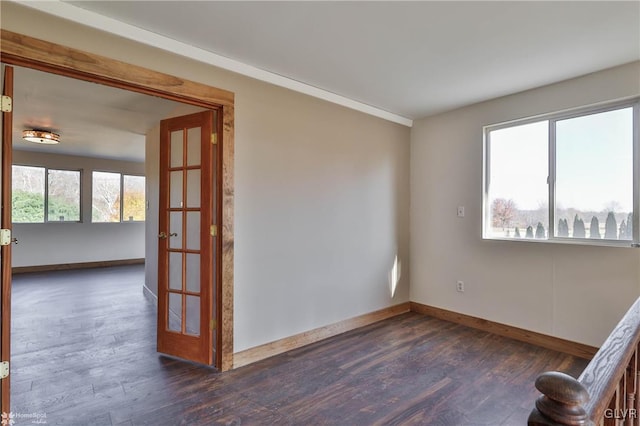 spare room with dark hardwood / wood-style flooring and french doors