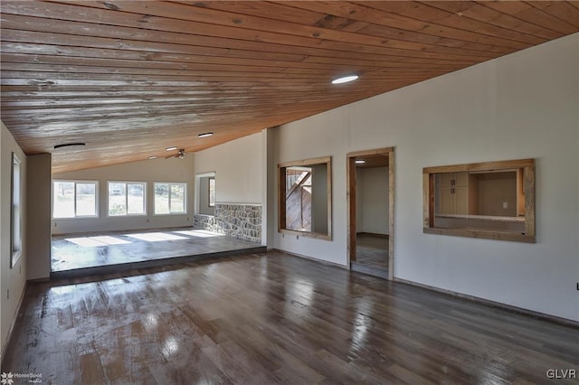 unfurnished living room featuring dark hardwood / wood-style flooring, wood ceiling, and vaulted ceiling