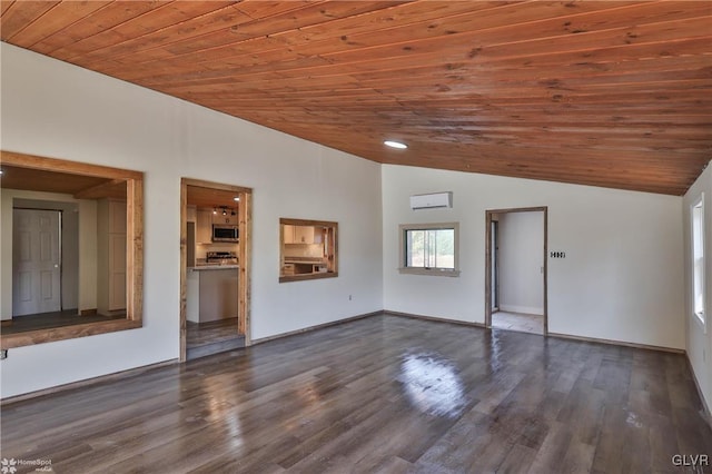 unfurnished living room featuring lofted ceiling, dark hardwood / wood-style floors, and wood ceiling