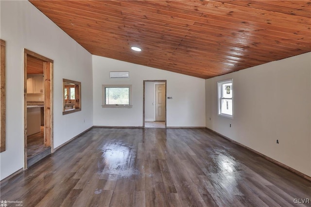 empty room featuring lofted ceiling, dark hardwood / wood-style flooring, and wooden ceiling