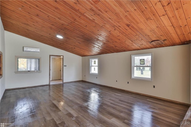 interior space featuring lofted ceiling, dark hardwood / wood-style flooring, and wooden ceiling