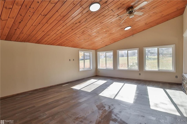 interior space with ceiling fan, wooden ceiling, and vaulted ceiling