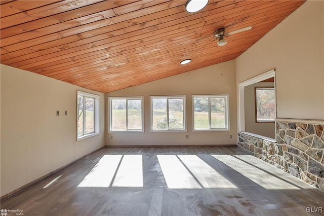 interior space featuring hardwood / wood-style floors, ceiling fan, lofted ceiling, and wood ceiling