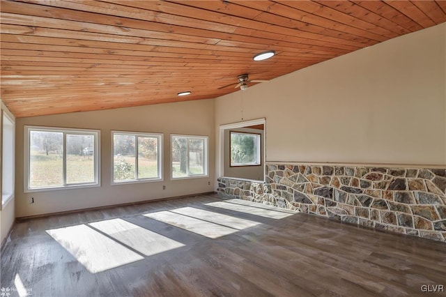 empty room featuring lofted ceiling, a healthy amount of sunlight, wood-type flooring, and wooden ceiling