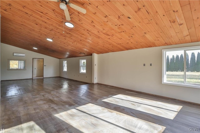 interior space featuring hardwood / wood-style floors, vaulted ceiling, ceiling fan, and wooden ceiling