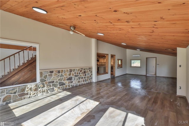 unfurnished living room featuring vaulted ceiling, dark wood-type flooring, and wood ceiling