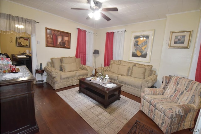 living room with ceiling fan, dark hardwood / wood-style flooring, and ornamental molding