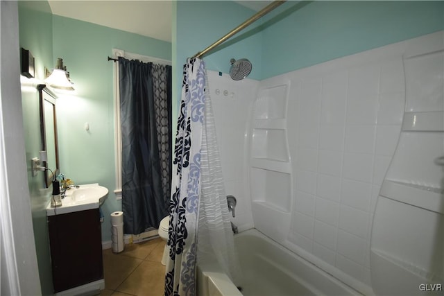 full bathroom with tile patterned flooring, shower / bath combo, vanity, and toilet