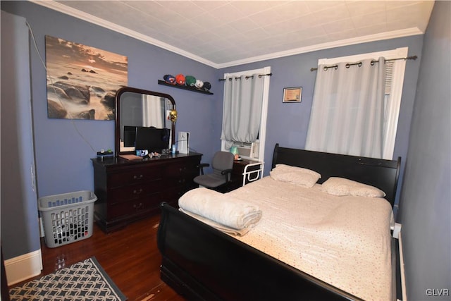 bedroom with dark hardwood / wood-style flooring, cooling unit, and crown molding