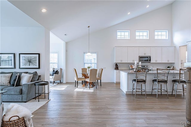 living room featuring light hardwood / wood-style flooring and high vaulted ceiling