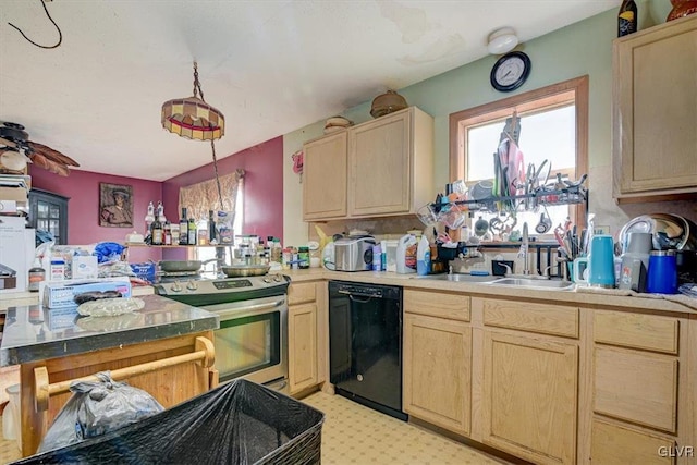 kitchen featuring electric range, dishwasher, sink, and light brown cabinetry