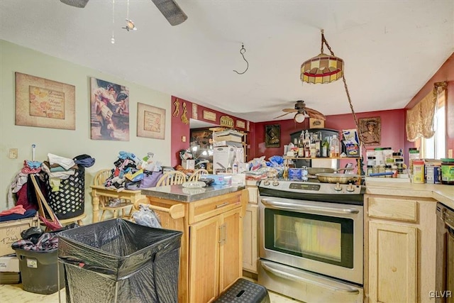 kitchen with ceiling fan, kitchen peninsula, stainless steel range with electric cooktop, and light brown cabinetry