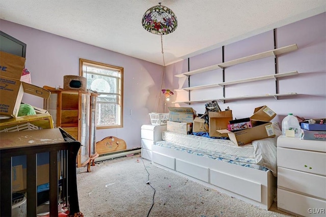 carpeted bedroom with a textured ceiling and baseboard heating