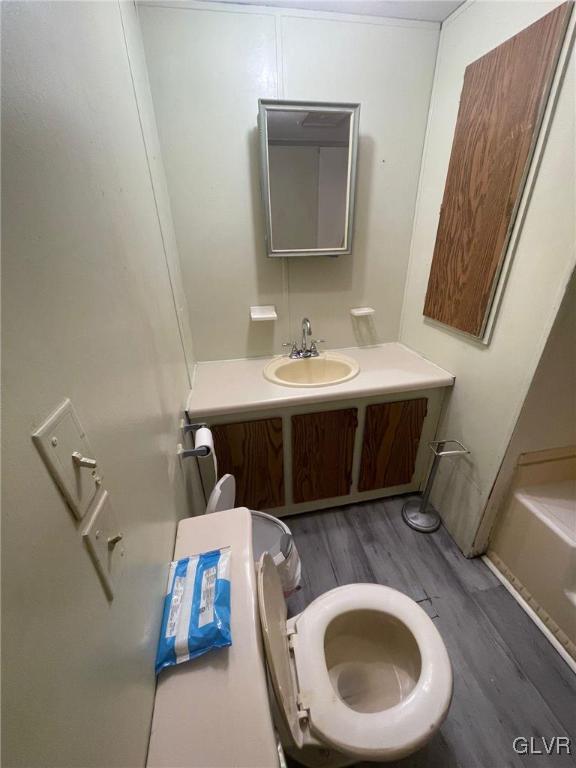 bathroom featuring vanity, wood-type flooring, and toilet