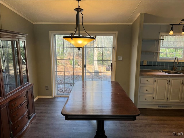 dining room with crown molding, plenty of natural light, dark hardwood / wood-style floors, and sink