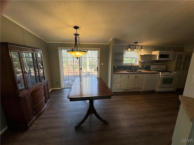 dining room with ornamental molding, a textured ceiling, dark wood-type flooring, and sink