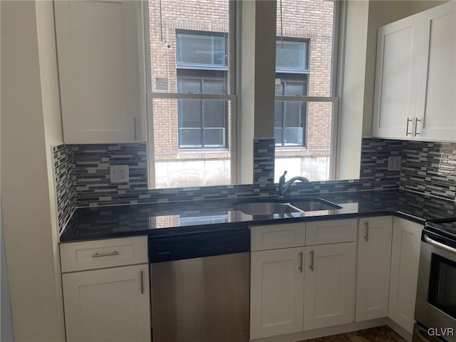 kitchen featuring backsplash, white cabinetry, sink, and stainless steel appliances