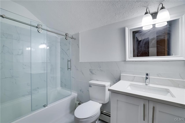 full bathroom with vanity, enclosed tub / shower combo, baseboard heating, a textured ceiling, and tile walls