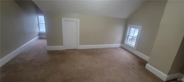 bonus room featuring carpet floors and vaulted ceiling