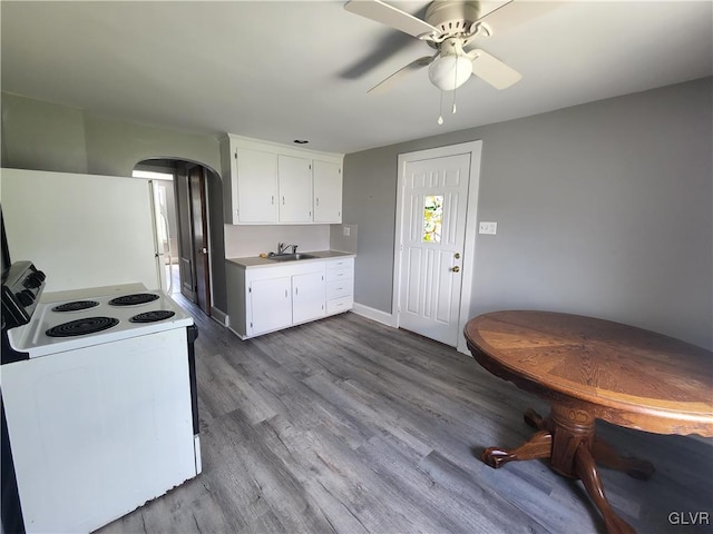 4400 Little Gap Rd, Lower Towamensing Tp, PA 18058 - kitchen featuring white range with electric cooktop, arched walkways, a sink, a ceiling fan, and light countertops