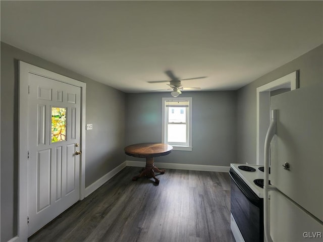 4400 Little Gap Rd, Lower Towamensing Tp, PA 18058 - dining room featuring baseboards, dark wood-style flooring, and a ceiling fan