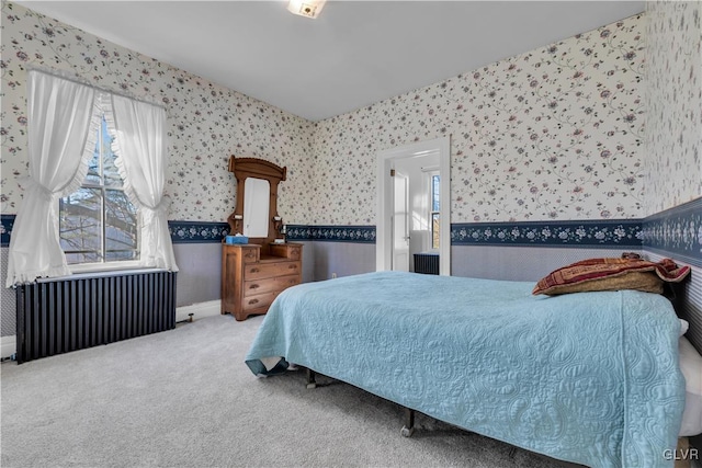 carpeted bedroom with radiator and multiple windows