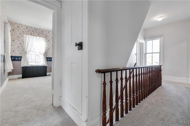 hall with light colored carpet and radiator heating unit