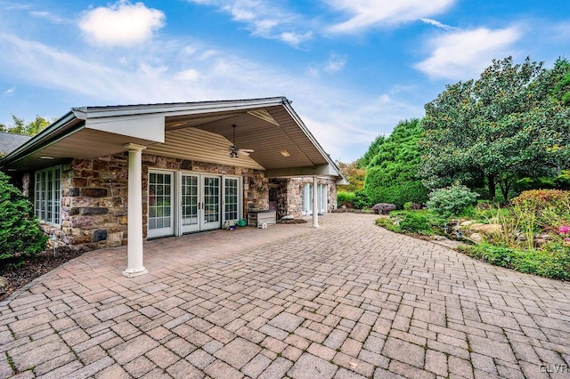 view of patio / terrace featuring french doors and ceiling fan