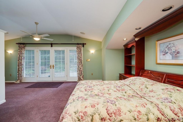 bedroom with access to exterior, french doors, carpet flooring, vaulted ceiling, and ceiling fan