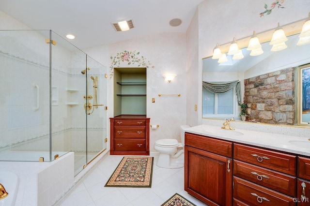 full bathroom with vanity, tile patterned floors, vaulted ceiling, separate shower and tub, and toilet