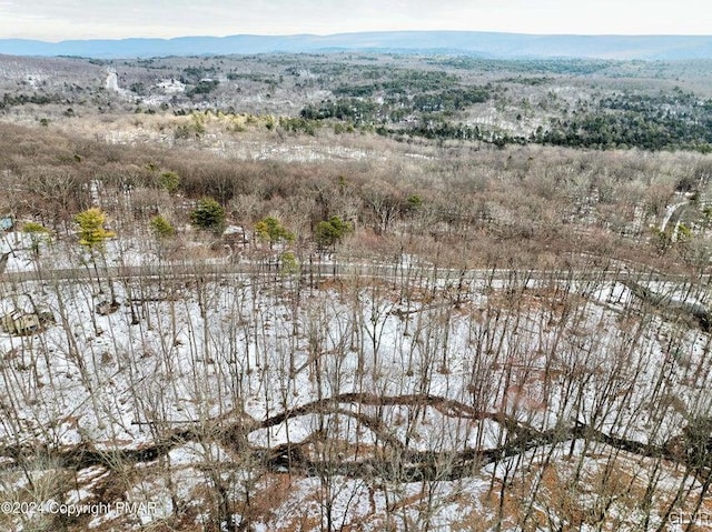 snowy aerial view with a mountain view