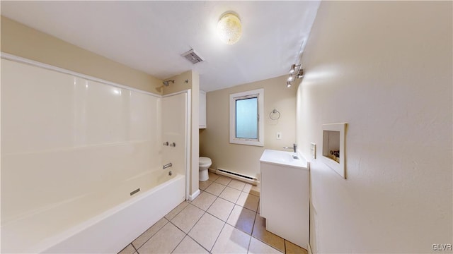 full bathroom with bathtub / shower combination, vanity, a baseboard radiator, tile patterned flooring, and toilet