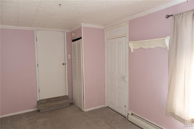 unfurnished bedroom featuring crown molding, light colored carpet, and a baseboard radiator