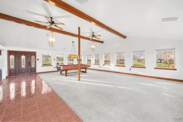 recreation room featuring high vaulted ceiling, beamed ceiling, a healthy amount of sunlight, and pool table