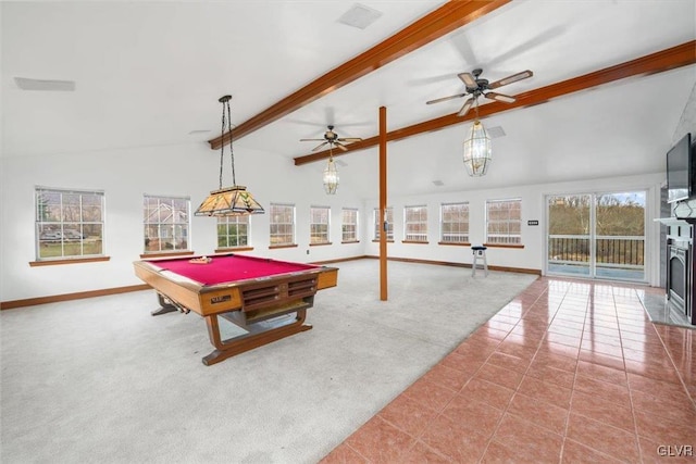 recreation room featuring beam ceiling, carpet flooring, ceiling fan, high vaulted ceiling, and pool table