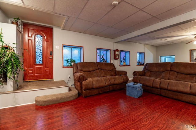 living room featuring hardwood / wood-style floors, a drop ceiling, and ceiling fan