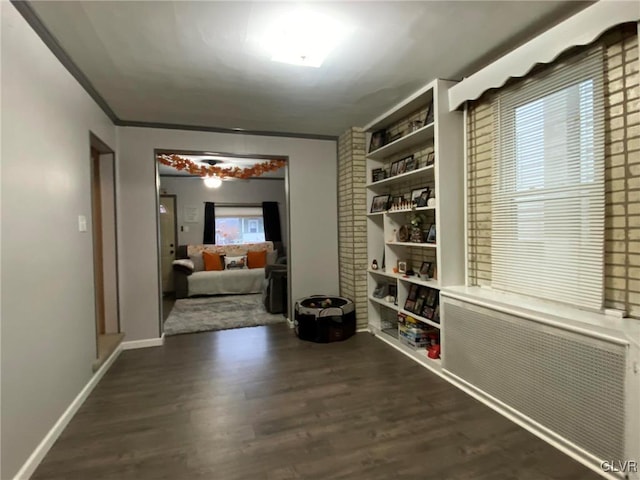 interior space featuring radiator, dark hardwood / wood-style flooring, and ornamental molding