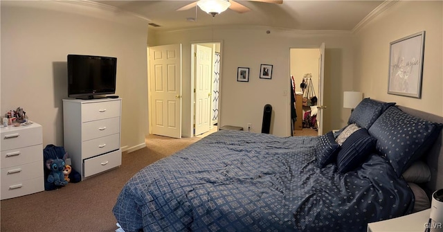 bedroom featuring carpet flooring, ceiling fan, and ornamental molding