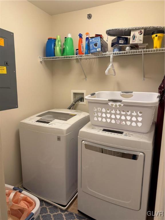 laundry area with electric panel and separate washer and dryer