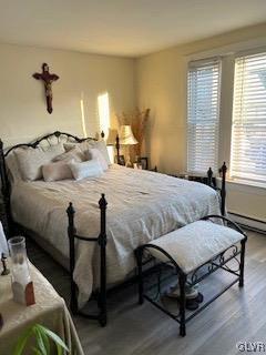 bedroom featuring wood-type flooring and baseboard heating