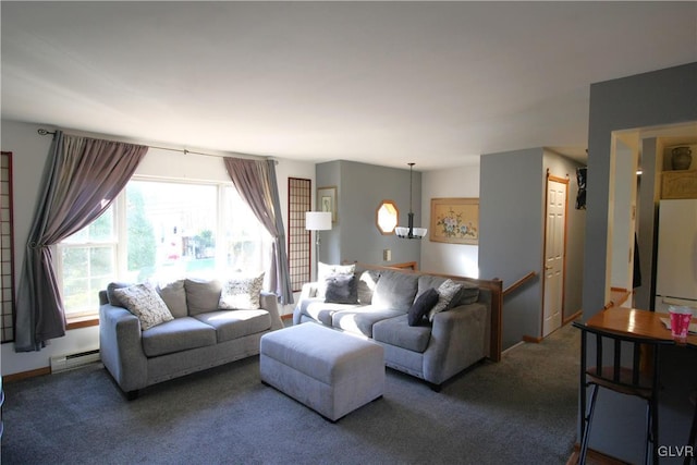 living room featuring carpet floors and a baseboard radiator