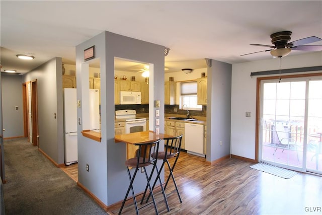 kitchen with decorative backsplash, white appliances, ceiling fan, sink, and light hardwood / wood-style flooring